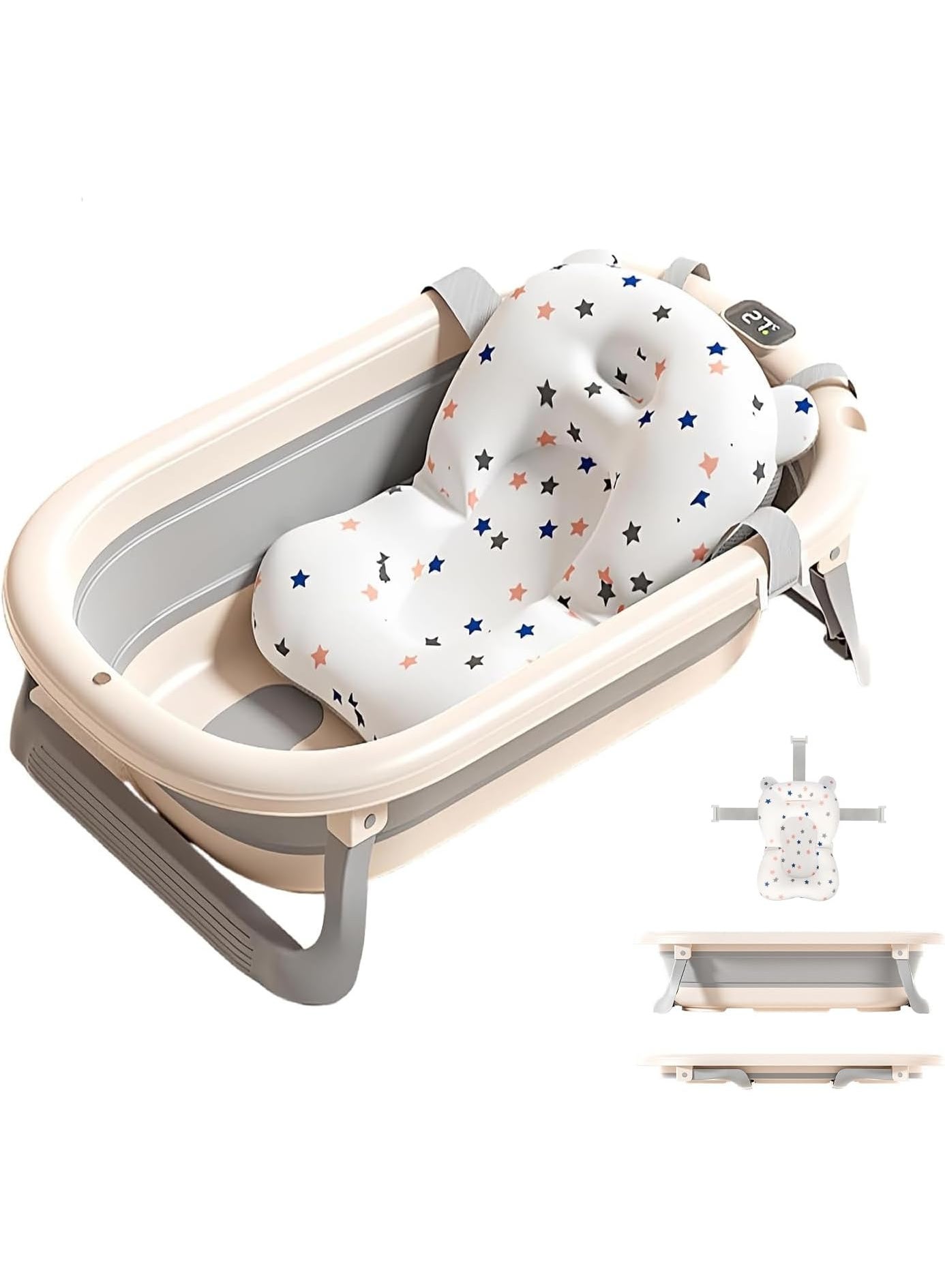 HI-FINE Baby Bath tub Foldable,Baby Bath Tub for Infants to Toddler,with Thermometer & Soft Floating Cushion,Durable No-Slip Hanging Portable Bathtub for Newborns to Toddler 0-36 Months